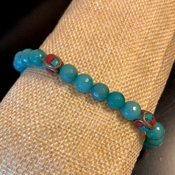 Faceted Jade Bead Bracelet w Bronze Accent Beads w Coral & Turquoise Inlay - Picture 6 of 11